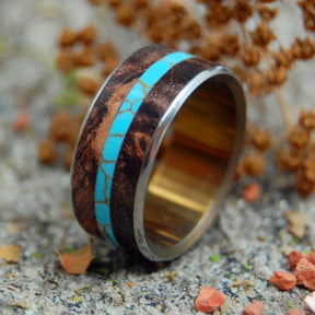 THE STONECUTTER | Spalted Maple Wood & Tibetan Turquoise Wedding Rings - Minter and Richter Designs
