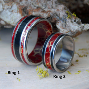 THOSE DAYS IN SHANGHAI | Red Gold Webbed Jasper & Onyx Stone - Titanium Wedding Rings set - Minter and Richter Designs