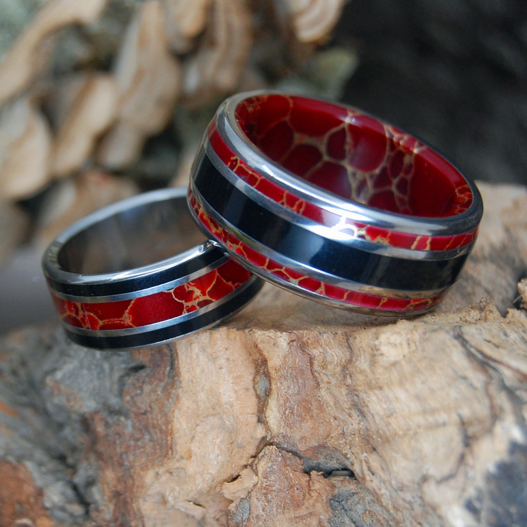 Minter Richter THOSE DAYS IN SHANGHAI Red Gold Webbed Jasper Onyx  Stone Titanium Wedding Rings set