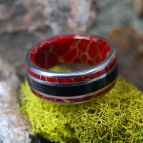THOSE DAYS | Red Gold Webbed Jasper & Onyx Stone - Titanium Wedding Ring - Minter and Richter Designs