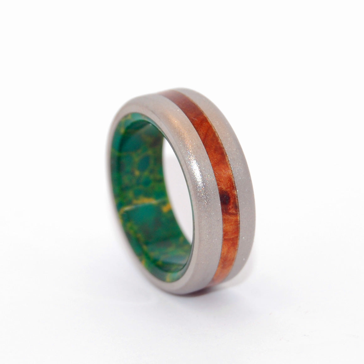 EVOLVE | Egyptian Jade Stone & Thuya Burl Wood Titanium Wedding Rings - Minter and Richter Designs