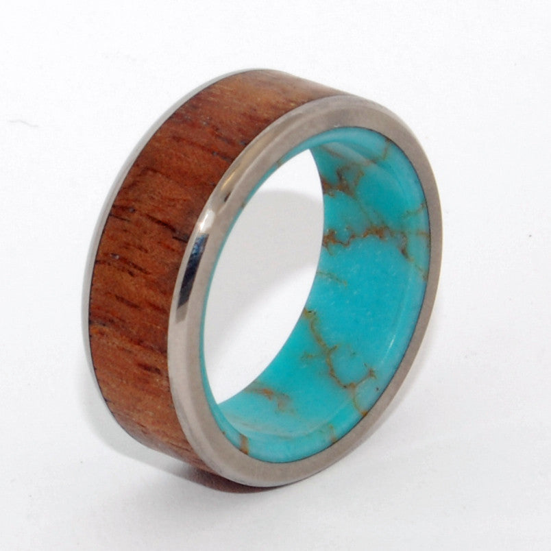 LET THERE BE | Turquoise Stone, Hawaiian Koa Wood & Titanium - Unique Wedding Rings - Minter and Richter Designs