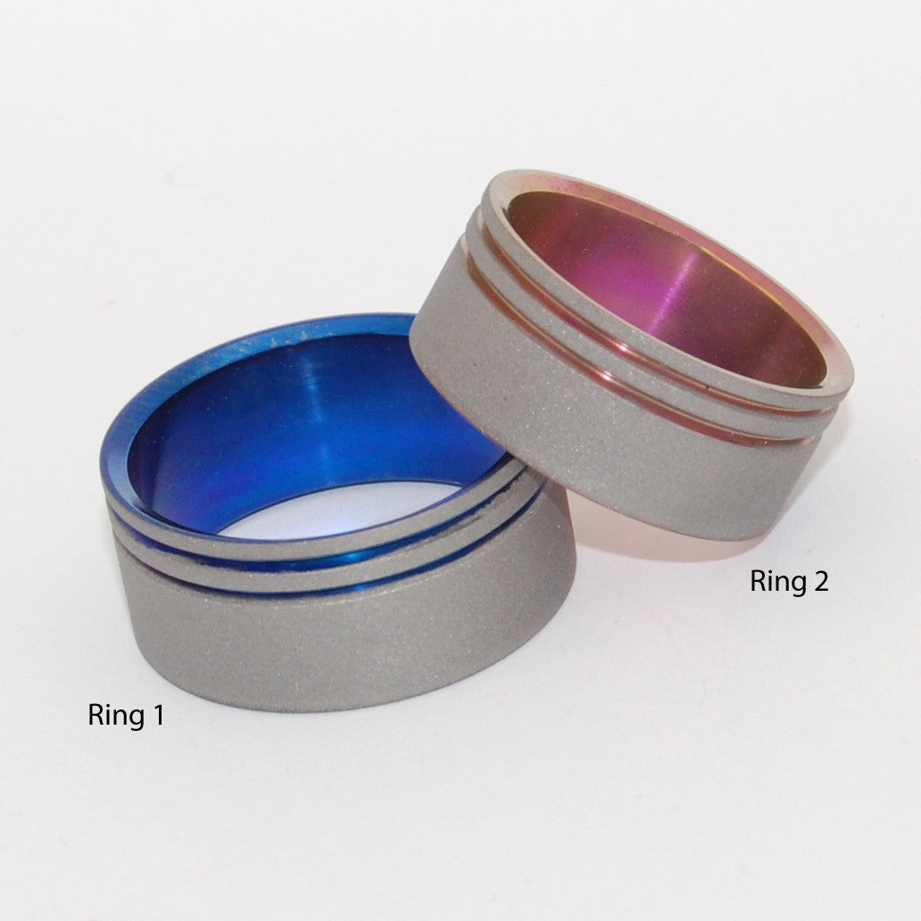 FUTURE PINK & BLUE | His & Hers Titanium Wedding Ring Set - Pink & Blue Wedding Rings - Minter and Richter Designs