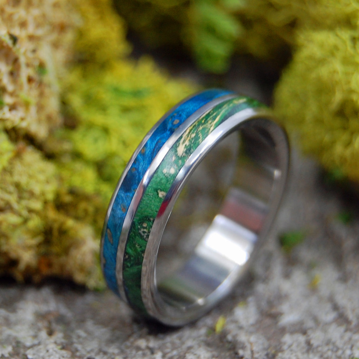 TOGETHER TRUE | Blue & Green Box Elder Wood Titanium Handcrafted Men's and Women's Wedding Rings - Minter and Richter Designs