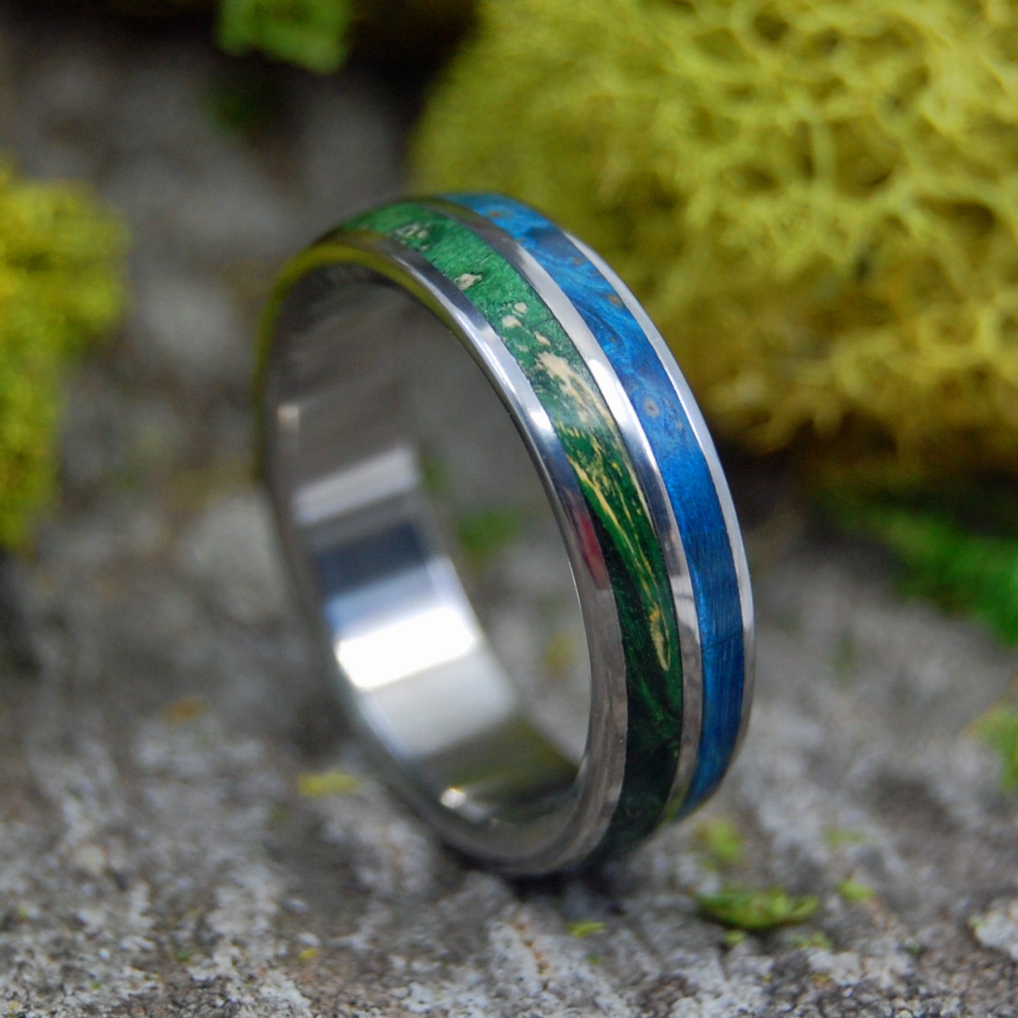TOGETHER TRUE | Blue & Green Box Elder Wood Titanium Handcrafted Men's and Women's Wedding Rings - Minter and Richter Designs