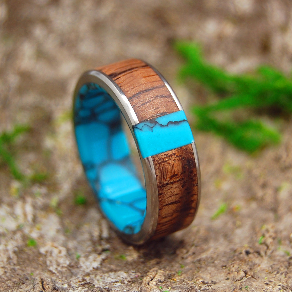 WHEN WE MET | Koa Wood & Turquoise Titanium Men's Wedding Rings - Minter and Richter Designs