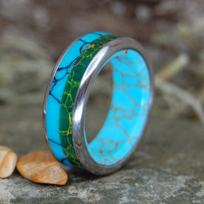 STILL SOUL | Egyptian Jade, Tibetan Turquoise and Arizona Turquoise Titanium Men's Wedding Rings - Minter and Richter Designs