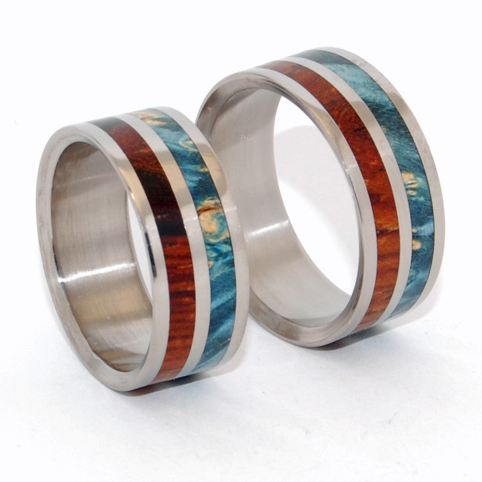 TWO KINGS UNITE | Blue Box Elder Wood & Cocobolo Wood - Titanium Matching Wedding Rings set - Minter and Richter Designs