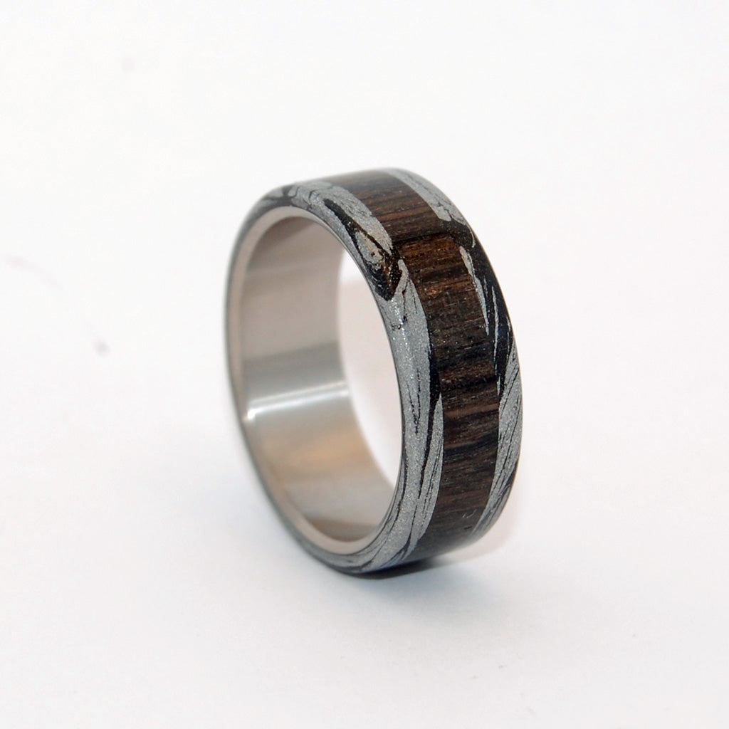 PERUN THUNDER GOD | Bog Oak & Black Silver Mokume Gane Titanium Wedding Rings - Minter and Richter Designs
