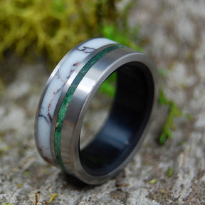 PINNACLE | Wild Horse Jasper Stone, Green Box Elder Wood & Black Onyx Stone Titanium Men's Wedding Rings - Minter and Richter Designs