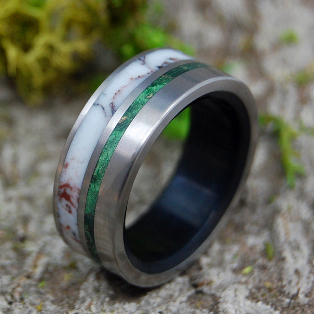 PINNACLE | Wild Horse Jasper Stone, Green Box Elder Wood & Black Onyx Stone Titanium Men's Wedding Rings - Minter and Richter Designs