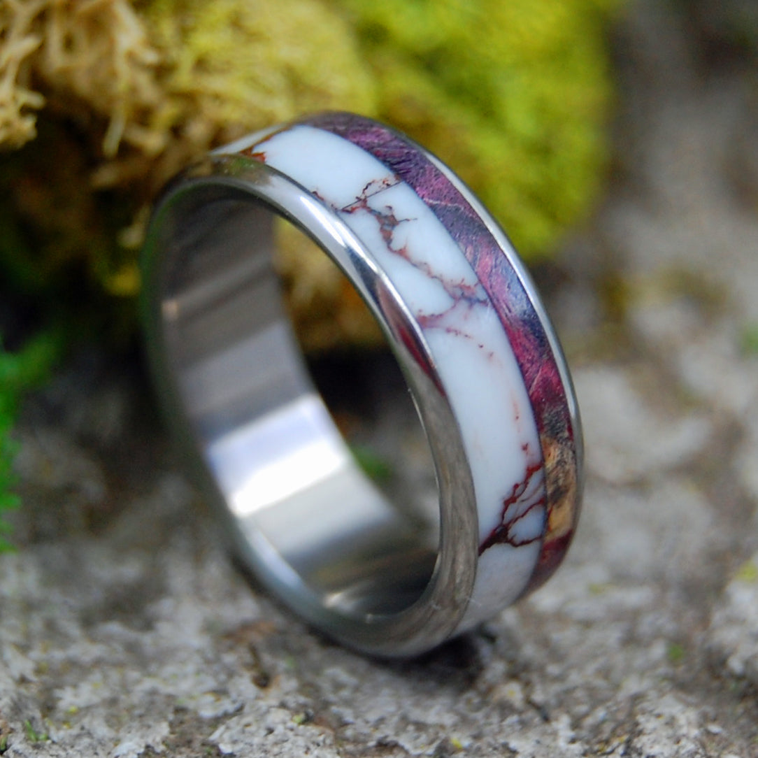 WILD PURPLE HEART | Purple Wood & Jasper Stone Titanium Wedding Rings - Minter and Richter Designs