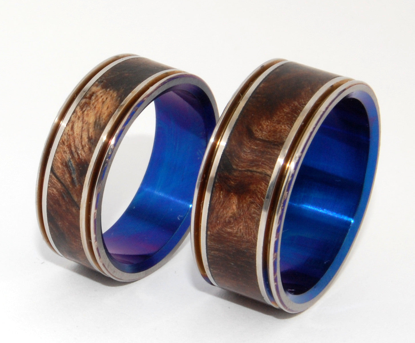 MIRACLES HAPPEN TWICE | Dark Maple Wood & Titanium - Unique Wedding Rings Set - Minter and Richter Designs