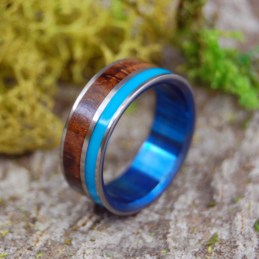 WOODED COVE BLUE | Turquoise Resin & Hawaiian Koa Wood Titanium Wedding Rings - Minter and Richter Designs