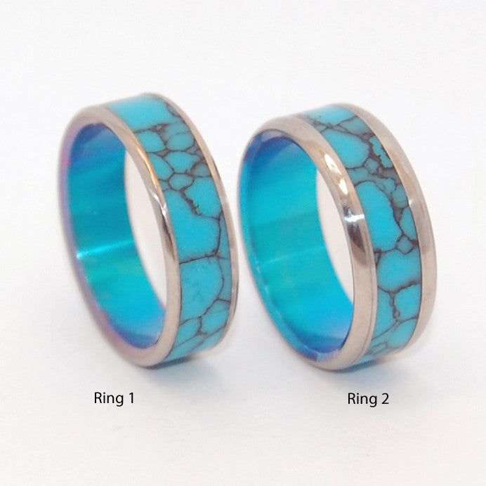 YOU & ME & TURQUOISE SEA | Turquoise Stone & Titanium - Wedding Ring Sets - Unique Wedding Rings - Minter and Richter Designs