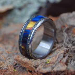 YOU CAN | Brass Bell and Chowan Black Sand with Lava Explosion Resin - Titanium Wedding Ring - Minter and Richter Designs