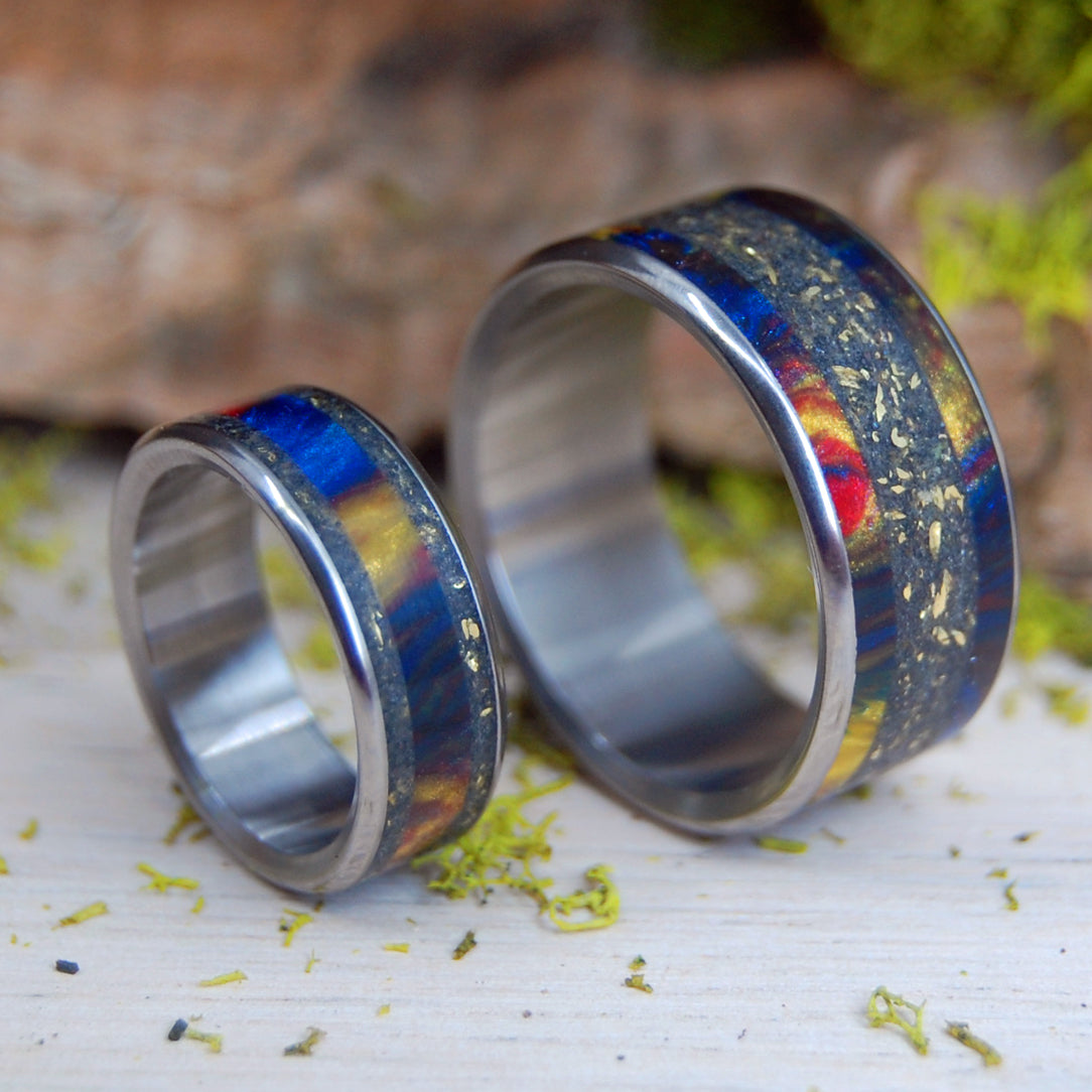 YOU CAN RING MY BELL | Brass Bell and Chowan Black Sand with Lava Explosion Resin - Titanium Wedding Ring Set - Minter and Richter Designs