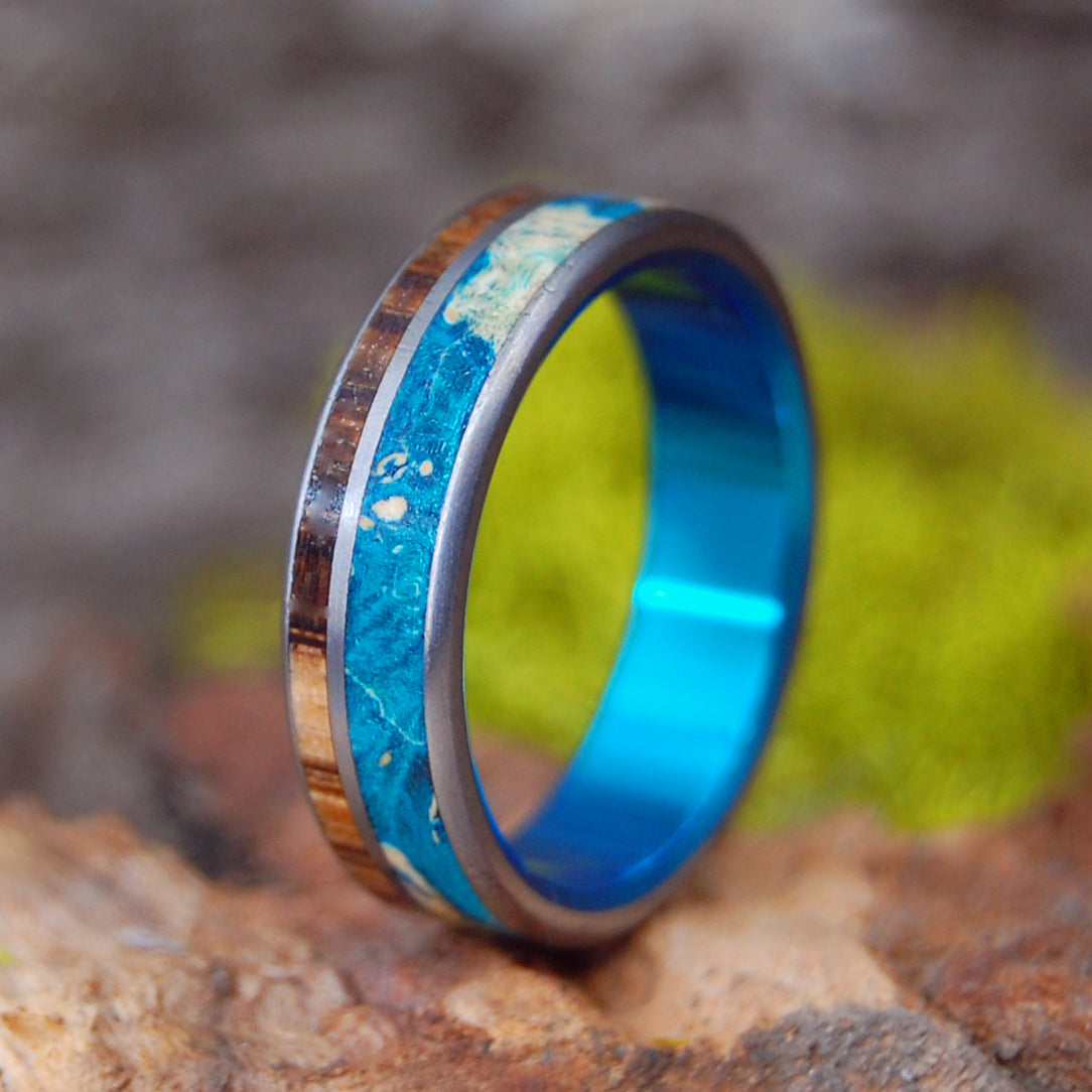 SEA ZEBRA | Turquoise Box Elder & Zebra Wood Titanium Wedding Rings - Minter and Richter Designs